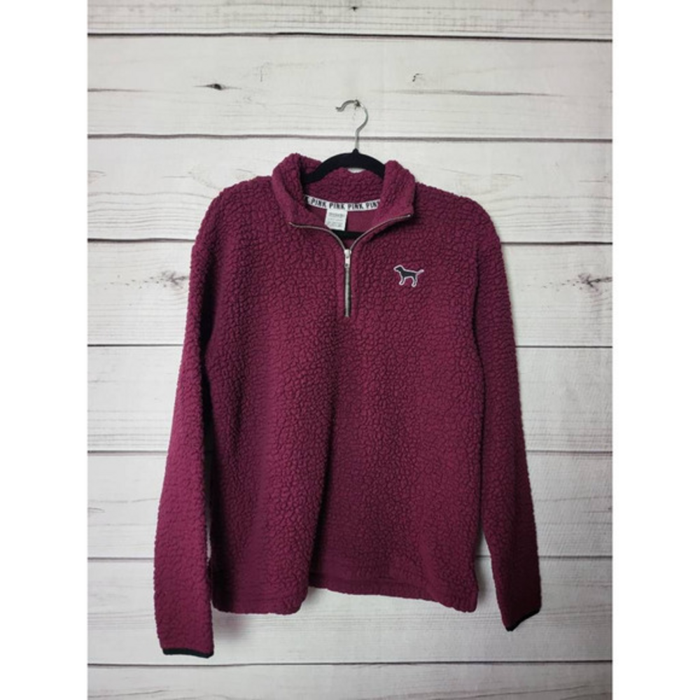 Victorias Secret Pink Womens Fleece Jacket Purple 1/4 Zip Sherpa Embroidered S